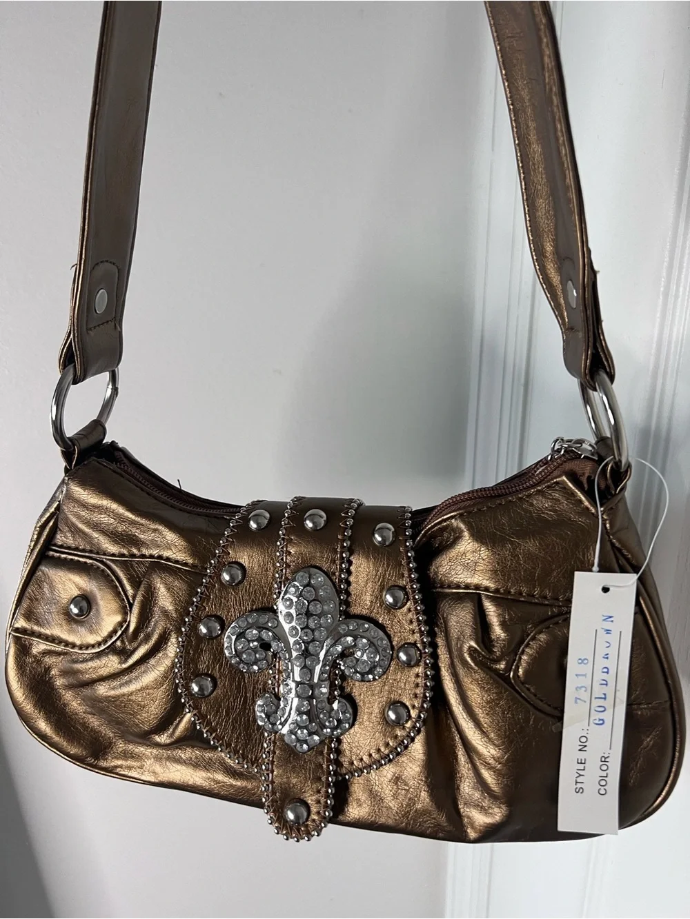 Fleur de Lis shoulder bag Metallic Bronze Shoulder Bag with Jeweled Fleur-de-Lis